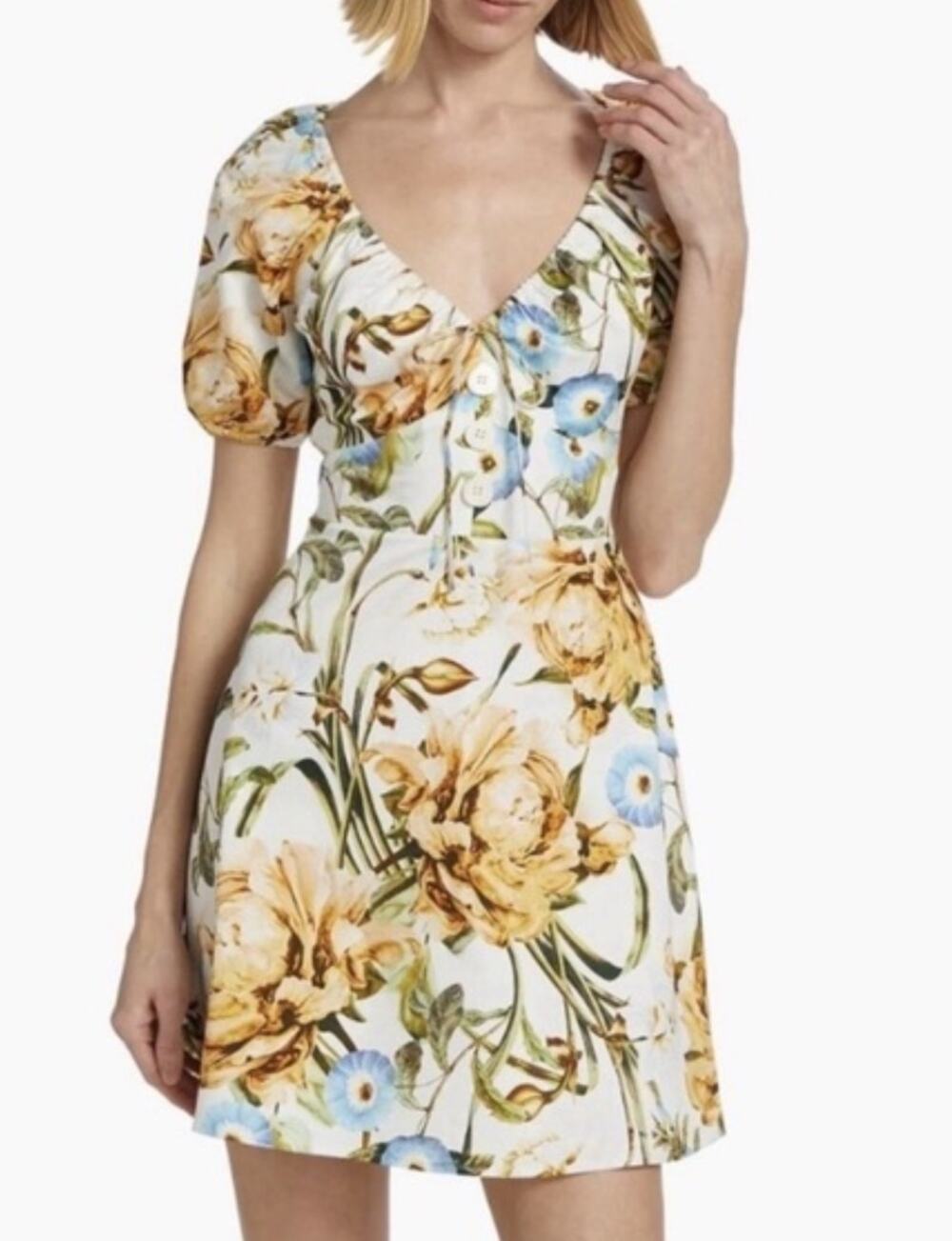Favorite Daughter Yellow Floral Puff Sleeve Bodycon BabyDoll Mini Dress Size 12
